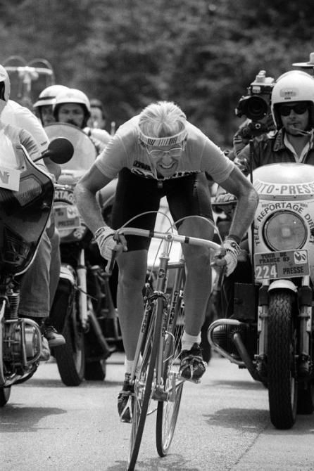 Laurent Fignon was famous for his glasses and ponytail but he would have been better served aerodynamically with a teardrop-shaped helmet.
