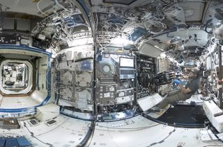 A 360-degree photo of Canadian Space Agency astronaut David Saint-Jacques working aboard the International Space Station.