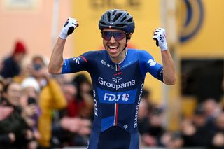 LAIGUEGLIA ITALY FEBRUARY 28 Lenny Martinez of France and Team GroupamaFDJ celebrates at finish line as race winner during the 61st Trofeo Laigueglia 2024 a 202km one day race from Laiguegli to Laigueglia on February 28 2024 in Laigueglia Italy Photo by Dario BelingheriGetty Images