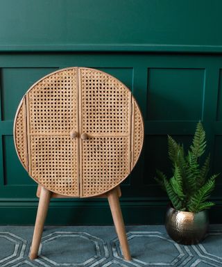 Round rattan cabinet with green paneled wall and indoor houseplant in gold brass vase