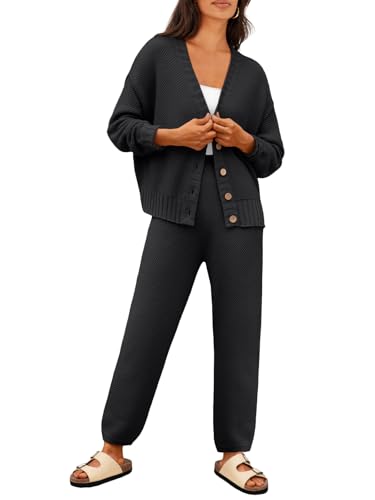 Lillusory Womens 2 Two Piece Lounge Sets Sweater Matching Loungewear 2025 Fall Winter Fashion Trendy Cozy Comfy Knit Cardigan Pant Wear Clothing Airport Outfits Travel Clothes Black Xl