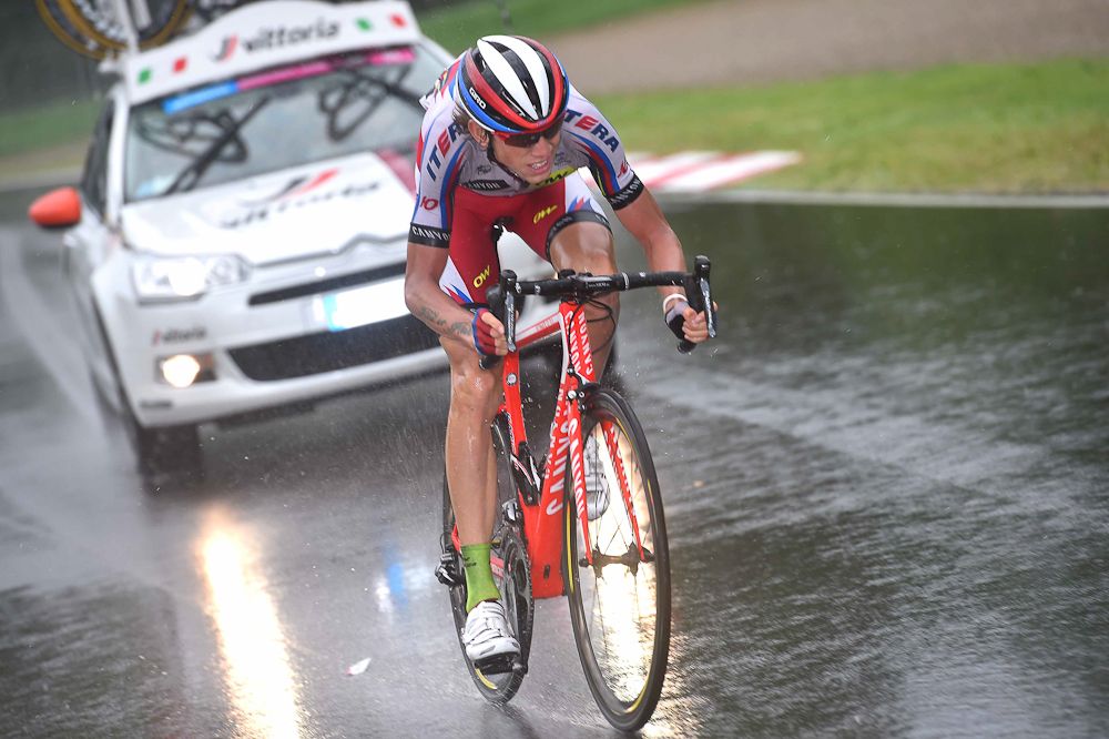 Ilnur Zakarin (Katusha) rides through the rain on his way to winning stage 11 in Imola.