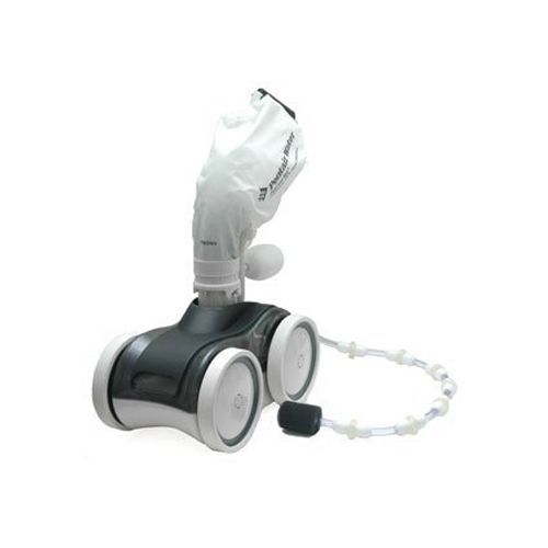 This pressure pool cleaner operates with four-wheel drive, so it is less susceptible to tipping over.
