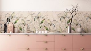 pretty kitchen wallpaper and pink units