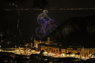 A drone light show in Nice on the night before the final stage of the 2024 Tour de France there.