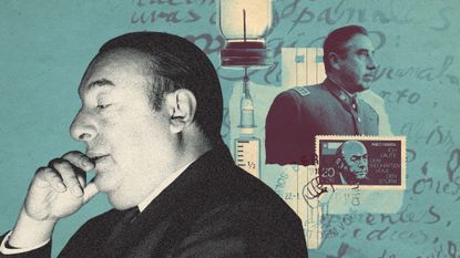 Photo collage of Pablo Neruda with Augusto Pinochet and a syringe of botulinum toxin in the backgroung.