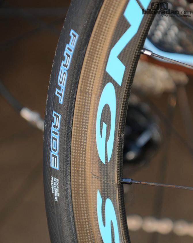 Tyre maker Schwalbe have a new tyre in the athlete-testing process. These tyres on the AG2R-La Mondiale squad bikes bear the maker&rsquo;s First Ride stamp on a model with a new diamond tread. It&rsquo;s called the One