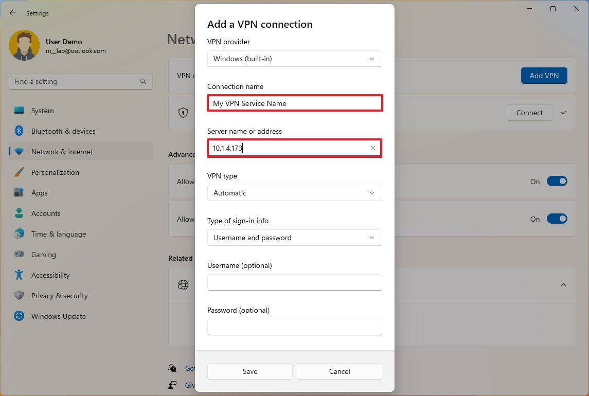 Создать VPN-подключение в Windows 11