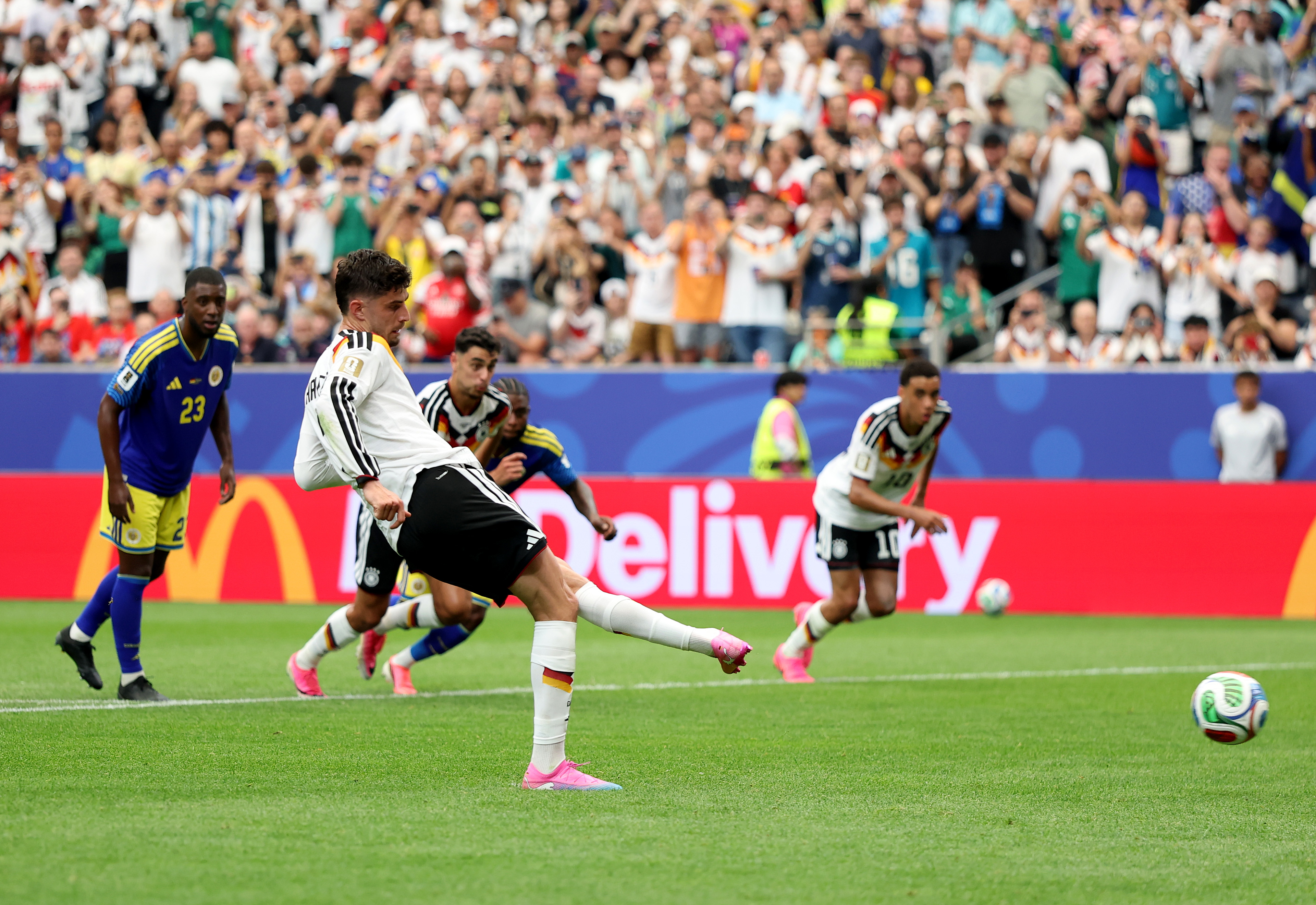 HOUSTON, TEXAS - JUNE 14: Kai Havertz #7 of Germany scores a penalty for his team&amp;amp;apos;s third goal during the FIFA World Cup 2026 Group E match between Germany and Curacao at Houston Stadium on June 14, 2026 in Houston, Texas. (Photo by Molly Darlington/Getty Images)