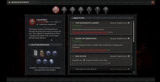 Diablo 4 - season journey menu showing objectives and rewards