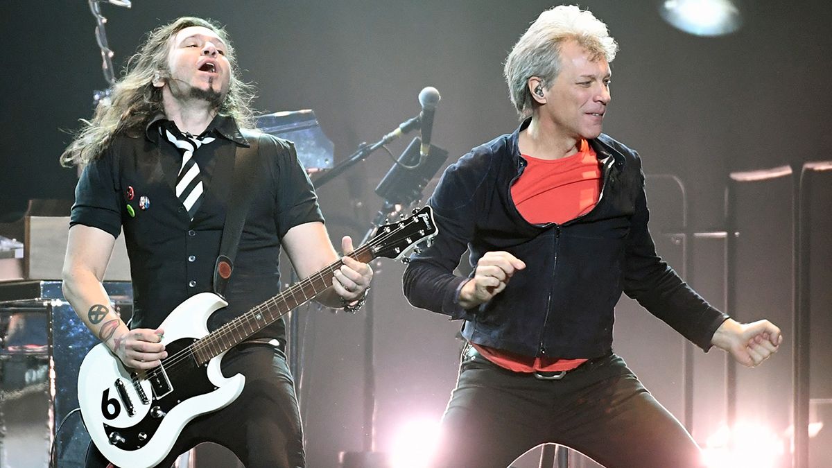 Guitarist Phil X (L) and frontman Jon Bon Jovi of Bon Jovi perform during a stop of the band&#039;s This House is Not for Sale Tour at T-Mobile Arena on March 17, 2018 in Las Vegas, Nevada