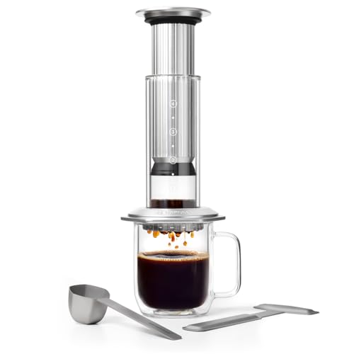 Aeropress Premium Coffee Press, Glass, Stainless Steel &amp;amp; Aluminum Coffee Maker, All-In-One French Press, Pour-Over &amp;amp; Espresso Style Manual Brewer, 2 Min Brew for Less Bitterness, More Flavor, Silver