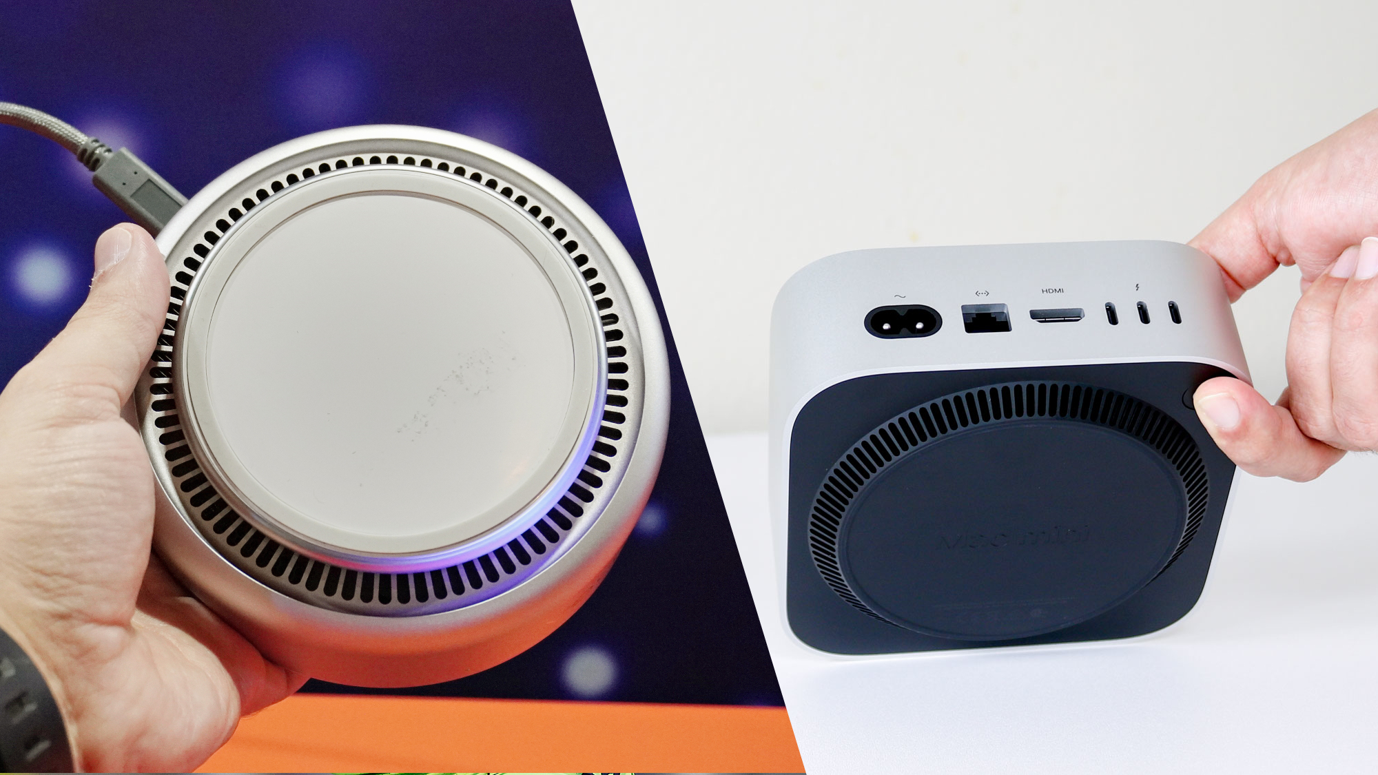 A side by side shot showing the underside of the Lenovo Yoga Mini and the Apple Mac mini M4