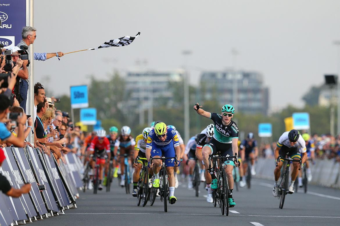 Sam Bennett celebrates his win