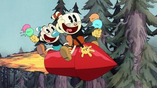 Mugman (voiced by Frank Todaro) and Cuphead (voiced by Tru Valentino) ride a rocket in The Cuphead Show!