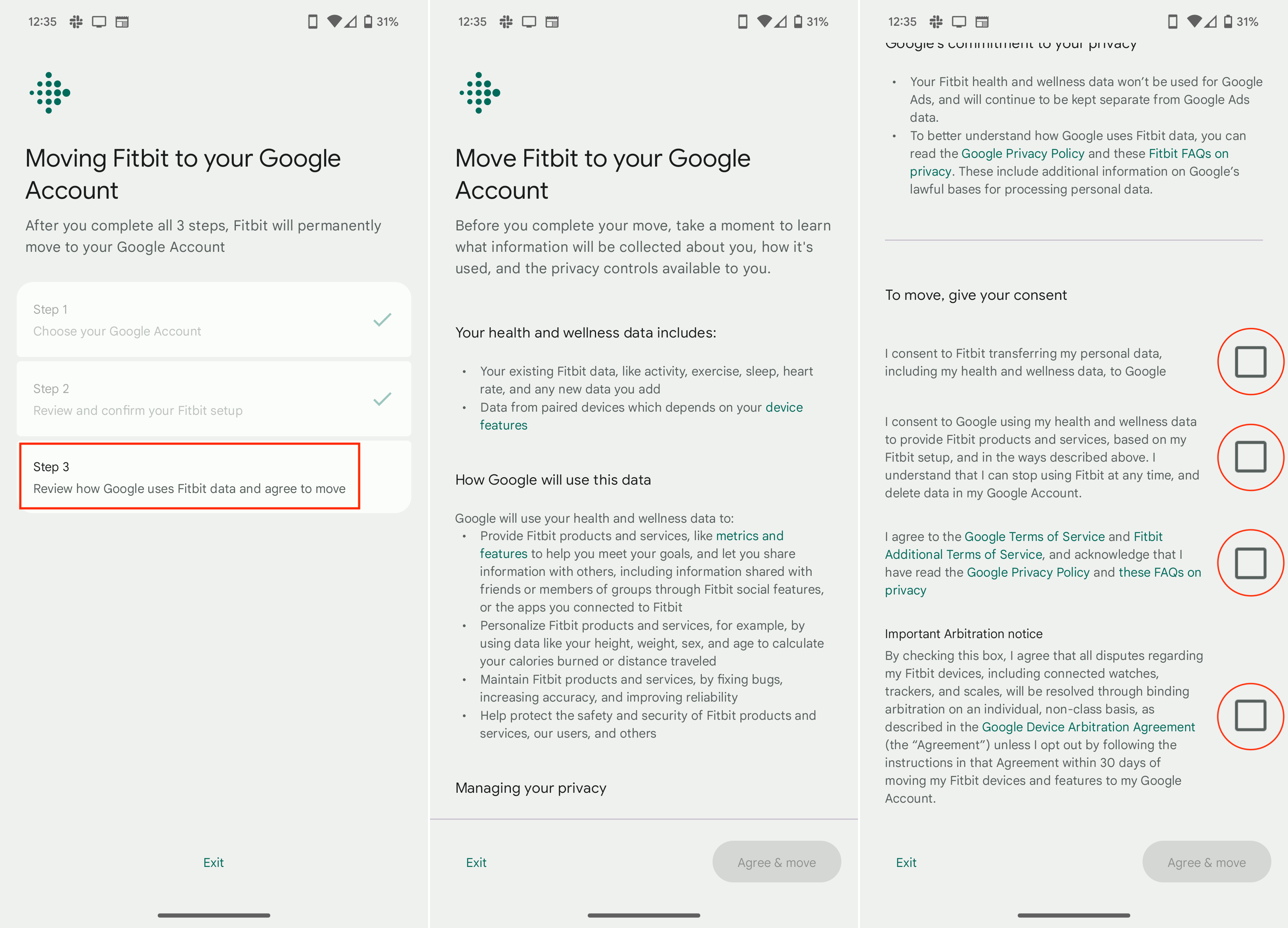 Etapas para migrar a conta Fitbit para sua conta do Google