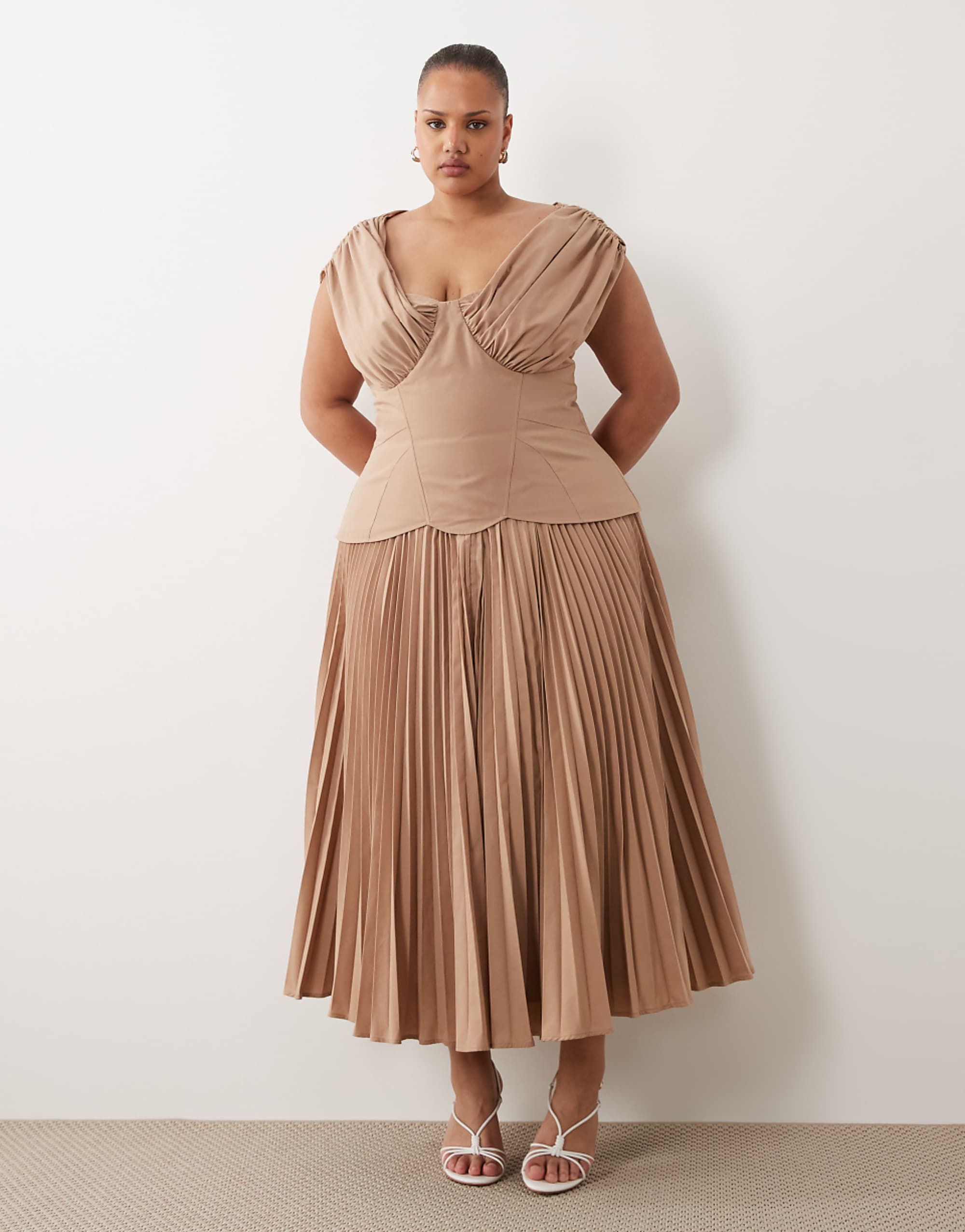 Asos Luxe Curve Off the Shoulder Pleated Cotton Sateen Midi Dress With Molded Hips in Mocha
