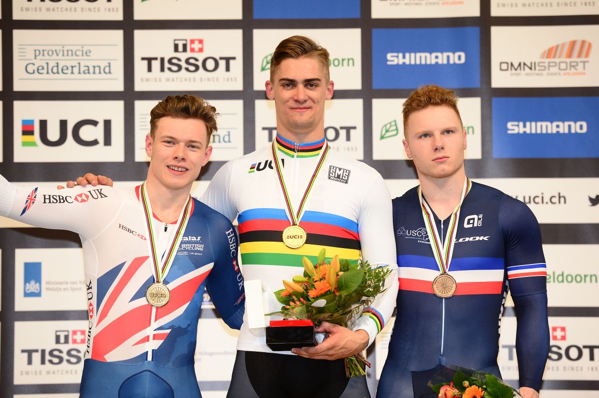 The sprint podium: Jack Carlin (Great Britain), Matthew Glaetzer (Australia) and Sebastien Vigier (France)
