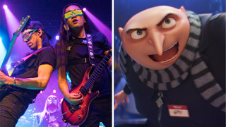 Photo of Dragonforce onstage, next to a screenshot from Despicable Me 4