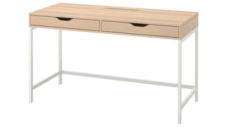 The best craft tables; a table with white metal legs and a wooden top