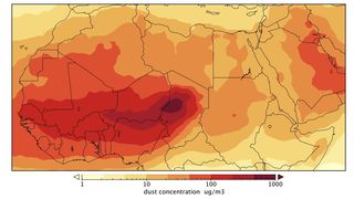Estimated dust concentration averaged from October through December over the period 1985-2006 in micrograms of dust per cubic meter. Maximum values over the Bodélé Depression in Chad extend towards southern Niger.
