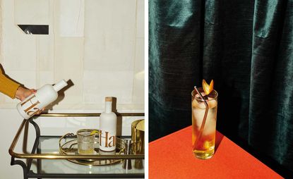 Two images. Left, an arm pouring a drink on a drinks trolley. Right, a cocktail on a orange table.