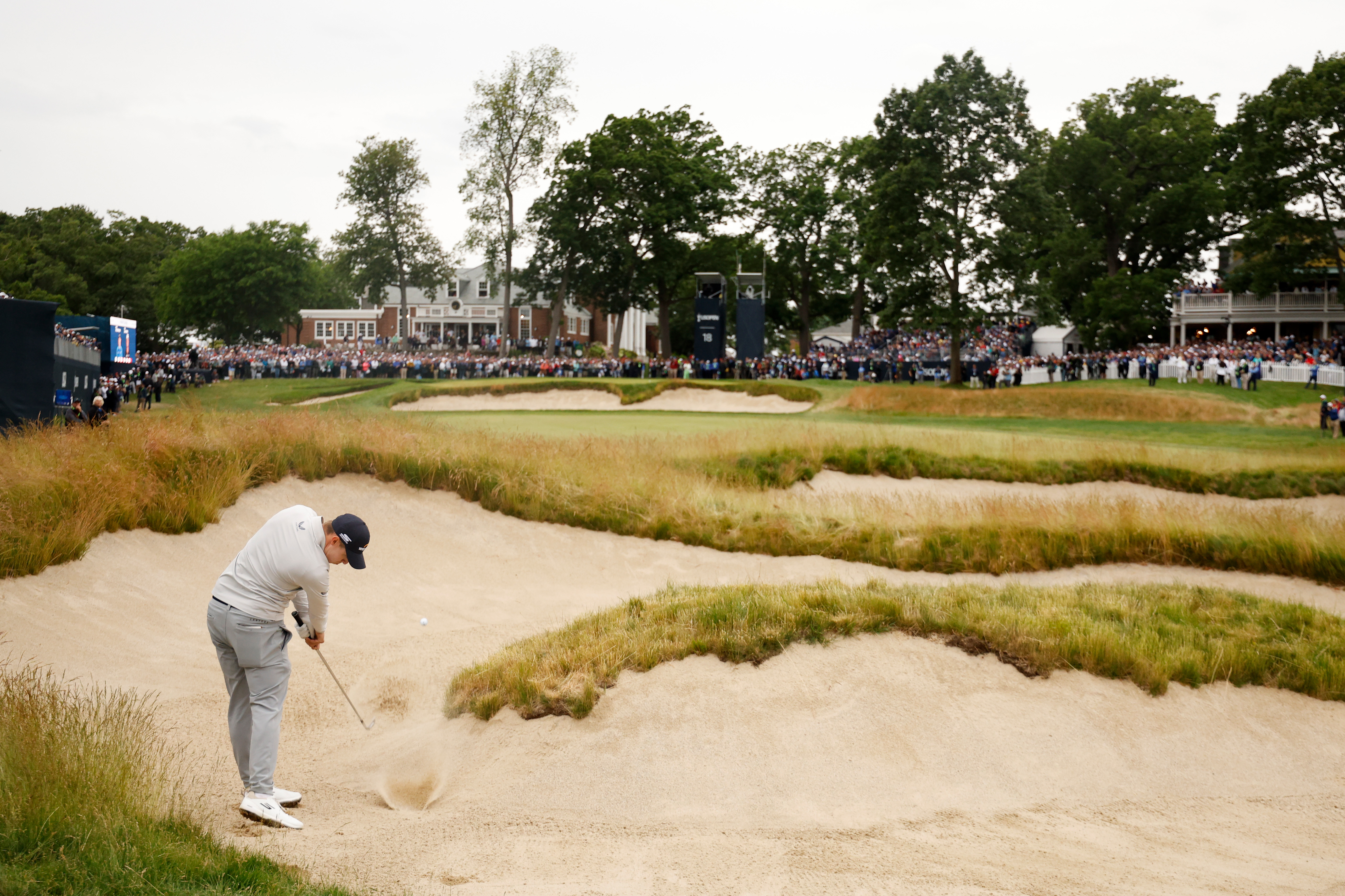 Matt Fitzpatrick 9-iron bunker 2022 US Open Brookline 18th hole