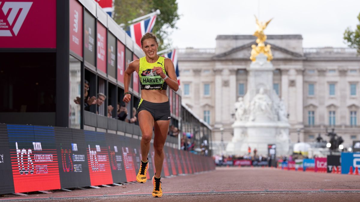 Rose Harvey (GBR) runs down The Mall towards the finish line in the Elite Women&#039;s Race at The TCS London Marathon on Sunday 2nd October 2022.