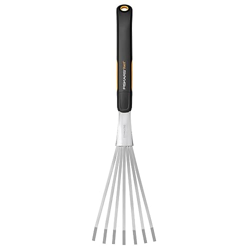 Fiskars Xact Hand Rake, Heavy Duty Gardening Hand Tool With Ergonomic Handle and Hanging Hole for Storage, Stainless Steel Head and Tines, Perfect for Maintaining a Raised Garden Bed
