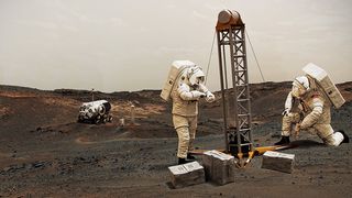 An illustration of astronauts on Mars, theoretically showing what it'd look like someday. There is a sort of vehicle in the background and a drilling mechanism in the foreground.