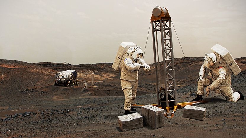 An illustration of astronauts on Mars, theoretically showing what it&#039;d look like someday. There is a sort of vehicle in the background and a drilling mechanism in the foreground.