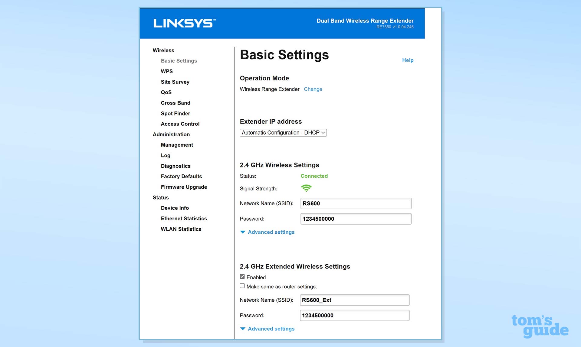 Basic settings screenshot for the Linksys RE7350.