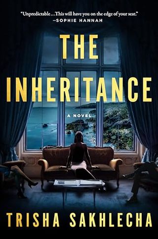 'The Inheritance' book cover featuring a woman sitting at a couch overlooking the seaside