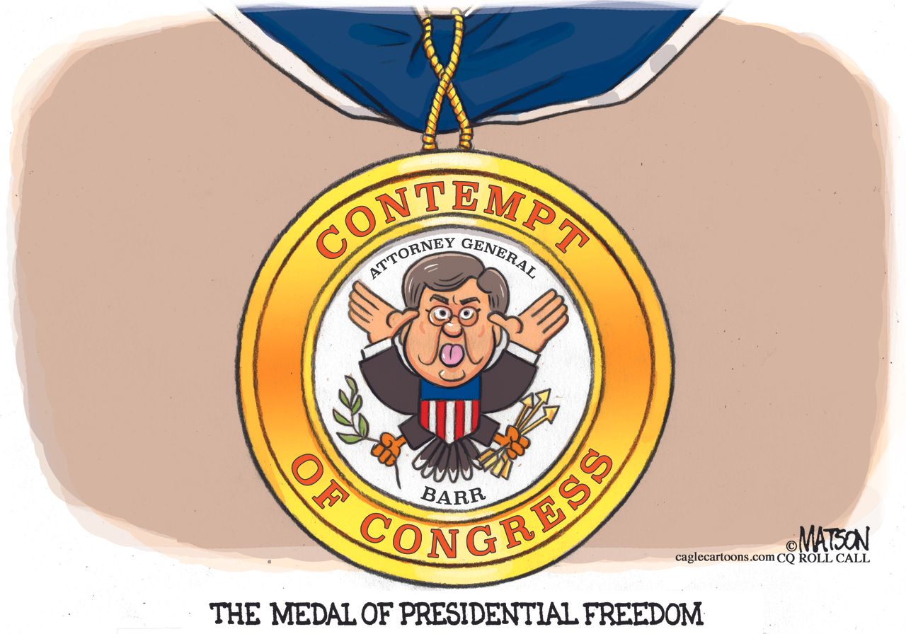 Political Cartoon U.S. Trump Barr medal of presidential freedom