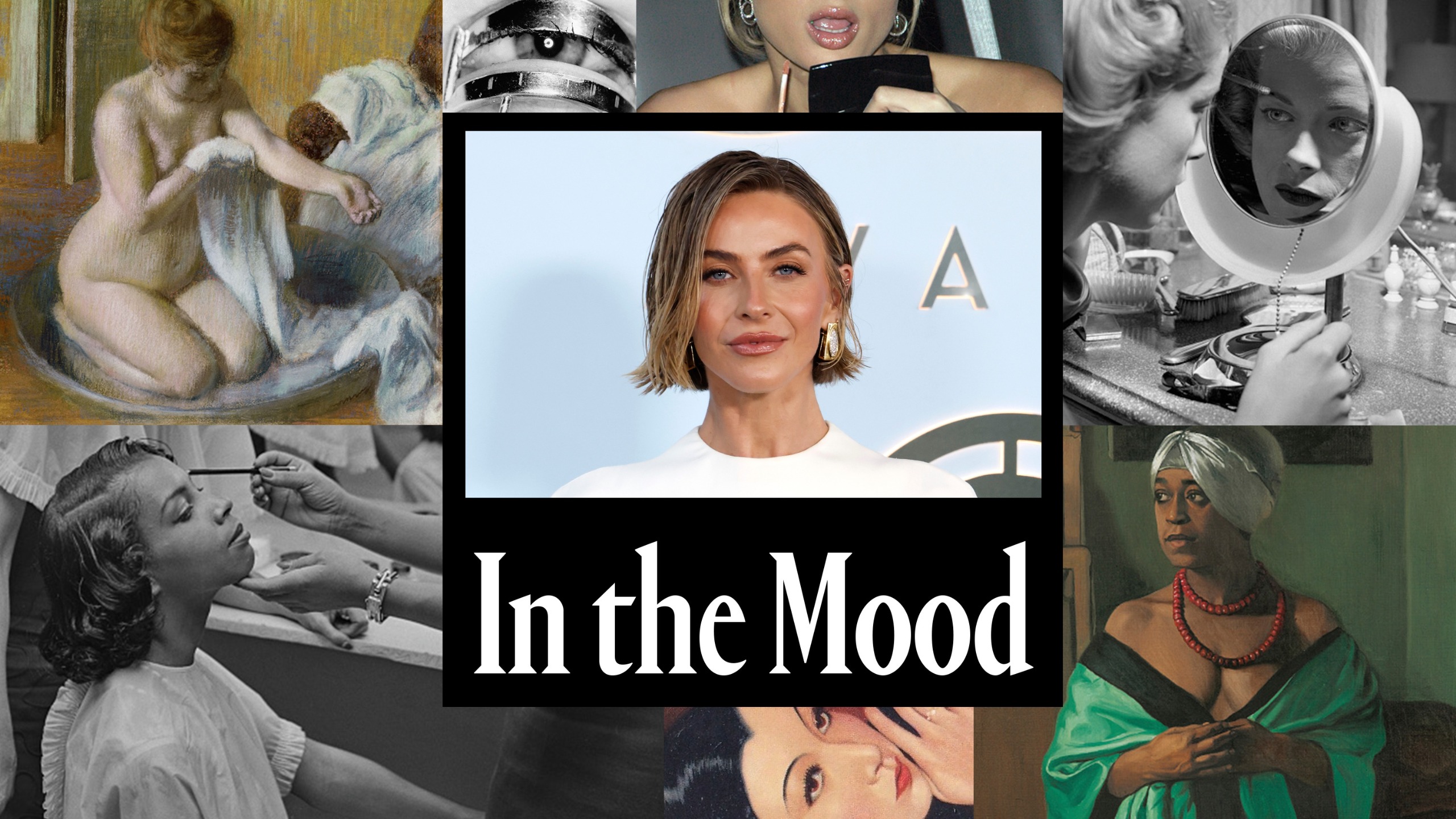 julianne moore on an in the mood collage with various women throughout history and white text on a black background