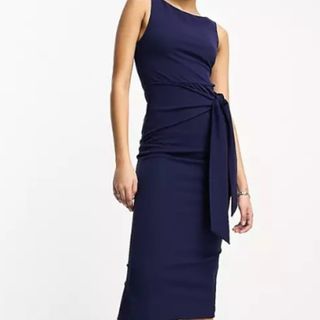 ASOS DESIGN midi dress with tie skirt and side cut out in navy