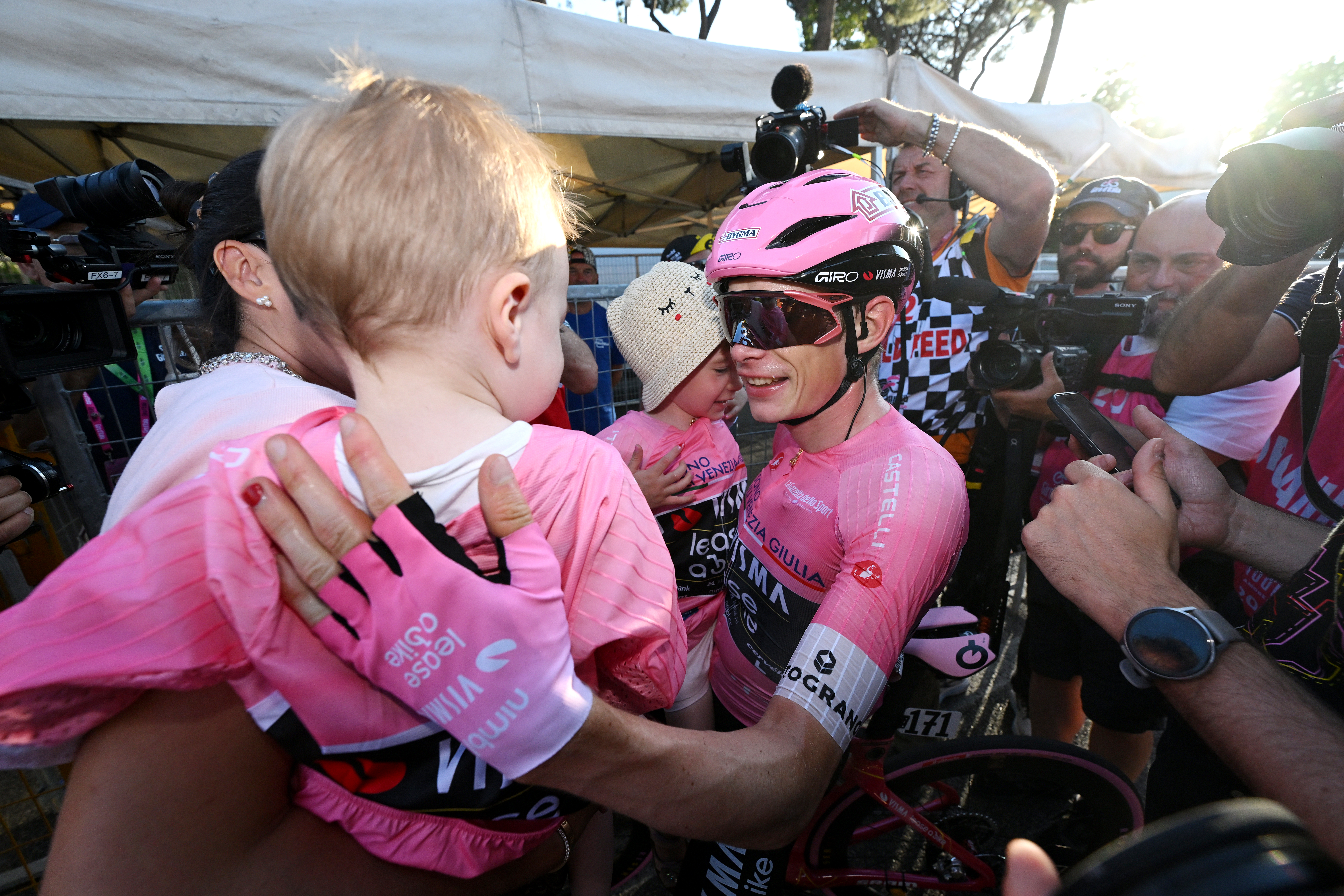 ROME, ITALY - MAY 31: Overall race winner Jonas Vingegaard of Denmark and Team Visma | Lease a Bike - Pink Leader Jersey meets his family after the 109th Giro d&amp;amp;apos;Italia 2026, Stage 21 a 131km stage from Rome to Rome 1289m / #UCIWT / on May 31, 2026 in Rome, Italy. (Photo by Dario Belingheri/Getty Images)
