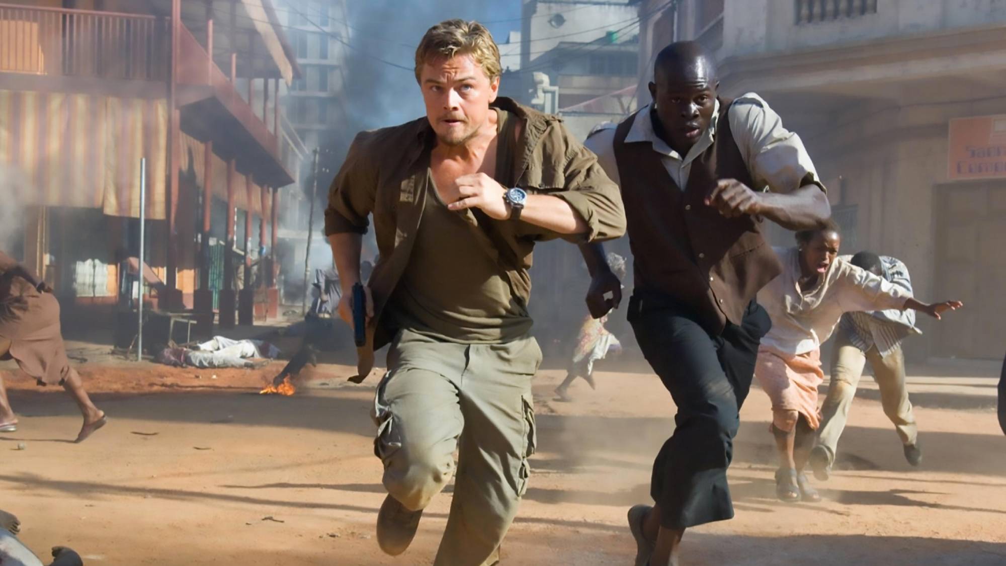 (L-R) Leonardo DiCaprio as Danny Archer and Djimon Hounsou as Solomon Vandy in "Blood Diamond"