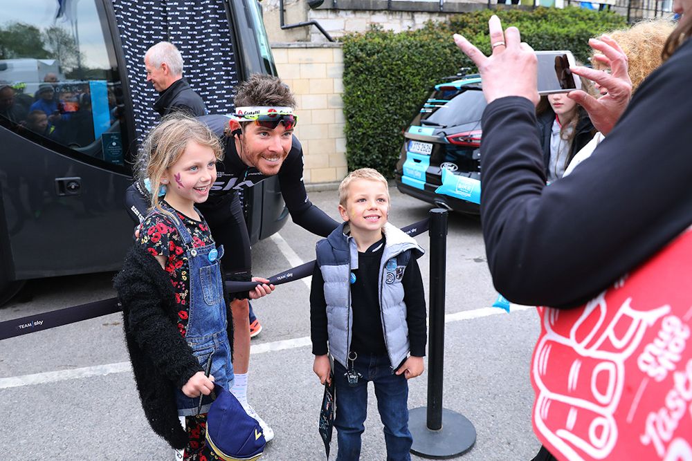 Team Sky's Luke Rowe meets some young fans at Tour de Yorkshire