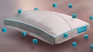 An image showing the white and grey Simba Hybrid Pillow surrounded by small cubes of blue memory foam