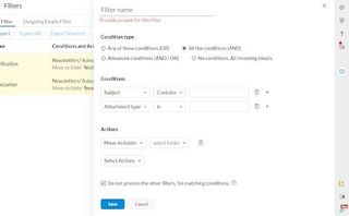 Zoho Mail's filter settings