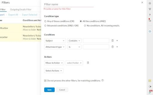Zoho Mail's filter settings