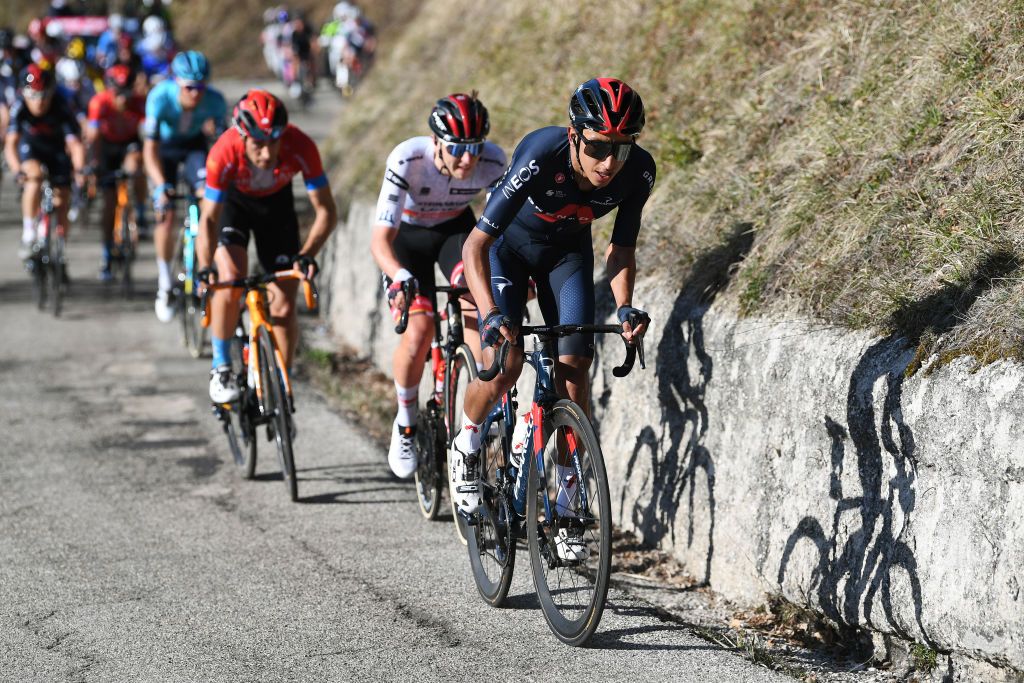 PRATI DI TIVO ITALY MARCH 13 Mikel Landa Meana of Spain and Team Bahrain Victorious Tadej Pogacar of Slovenia and UAE Team Emirates White Best Young Rider Jersey Egan Arley Bernal Gomez of Colombia and Team INEOS Grenadiers during the 56th TirrenoAdriatico 2021 Stage 4 a 148km stage from Terni to Prati di Tivo 1450m TirrenoAdriatico on March 13 2021 in Prati di Tivo Italy Photo by Tim de WaeleGetty Images