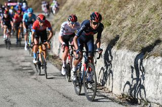 PRATI DI TIVO ITALY MARCH 13 Mikel Landa Meana of Spain and Team Bahrain Victorious Tadej Pogacar of Slovenia and UAE Team Emirates White Best Young Rider Jersey Egan Arley Bernal Gomez of Colombia and Team INEOS Grenadiers during the 56th TirrenoAdriatico 2021 Stage 4 a 148km stage from Terni to Prati di Tivo 1450m TirrenoAdriatico on March 13 2021 in Prati di Tivo Italy Photo by Tim de WaeleGetty Images