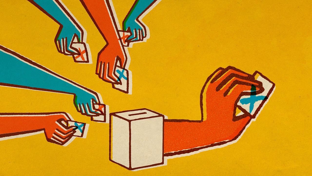 Photo collage of hands dropping of vote cards in the ballot box. A larger hand is coming out of the box with its own vote card.