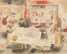 Market, 1947, gouache, chalk and wax crayon on paper, 19¾in by 24½in, by James Fitton (1899–1982). Purchased from the Royal Academy of Arts, 1947.