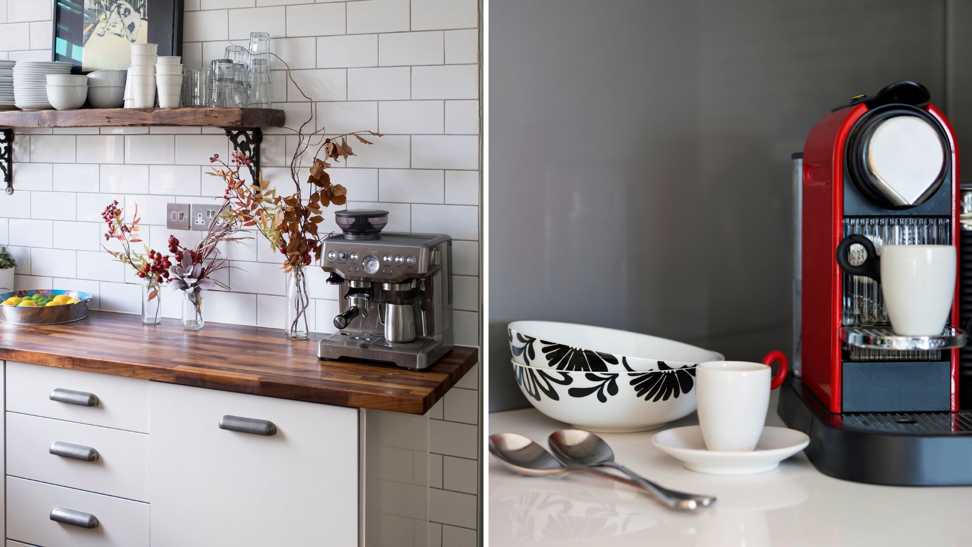 Split image of two kitchens showing coffee machines, one bean to cup and one pod