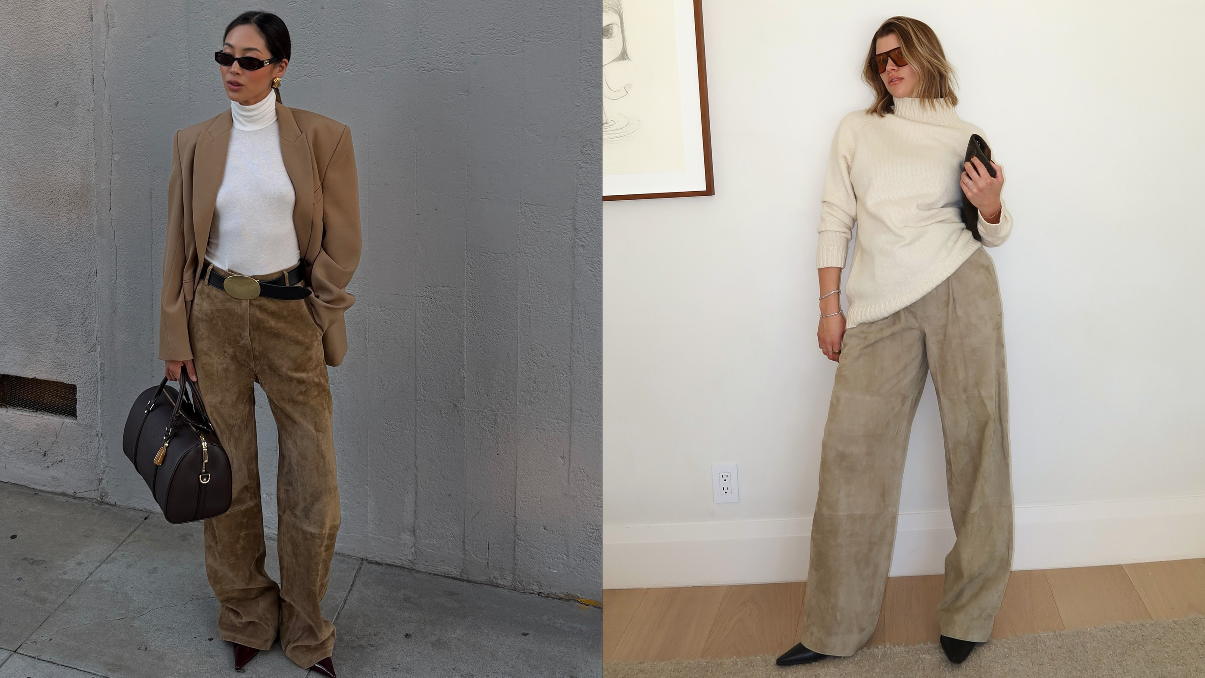 Sofia Richie Grainge and Aimee Song wearing suede pants.