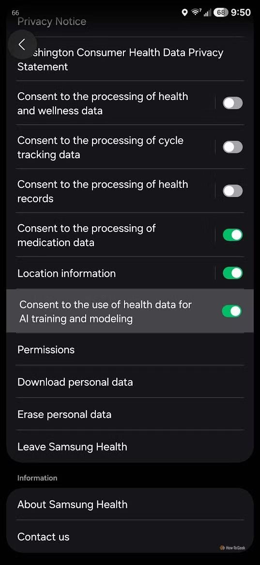 Samsung Health notice for AI training consent