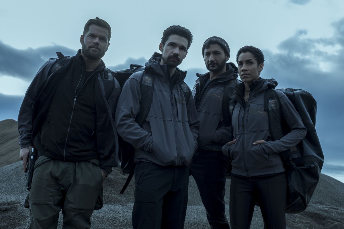 From left, West Chatham as Amos, Steven Strait as Holden, Cas Anvar as Alex and Dominique Tipper as Naomi in Season 4 of &quot;The Expanse.&quot;